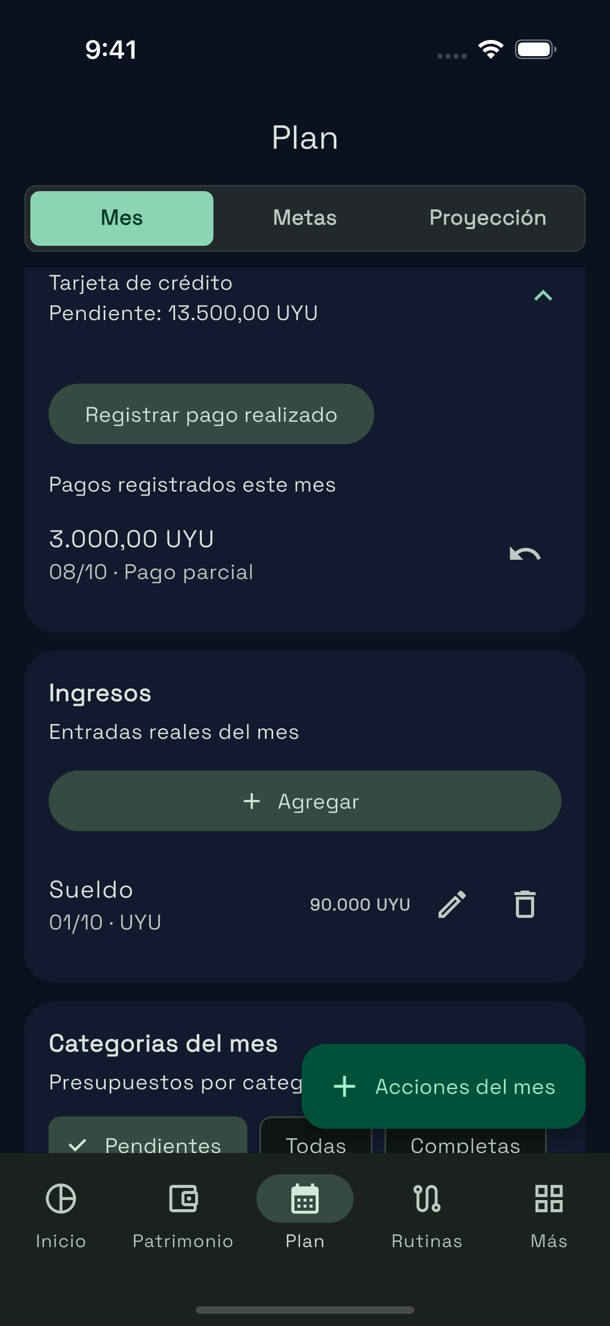 Saldo pendiente de tarjeta y registro de un pago parcial